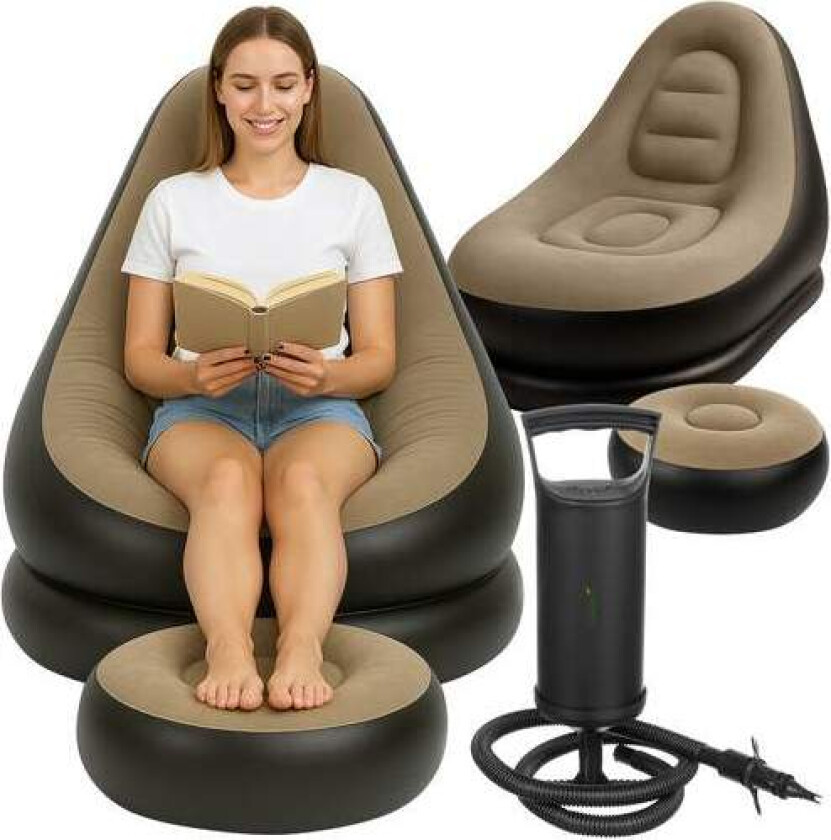 Oppblåsbar hagestol med fotstøtte – Slitesterk PVC, 120 kg kapasitet