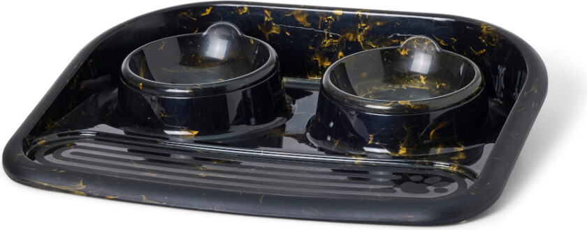 Savic Fôringsstasjon Butler Marmor Svart & Gull - 2 x 300 ml, Ø 14,5 cm