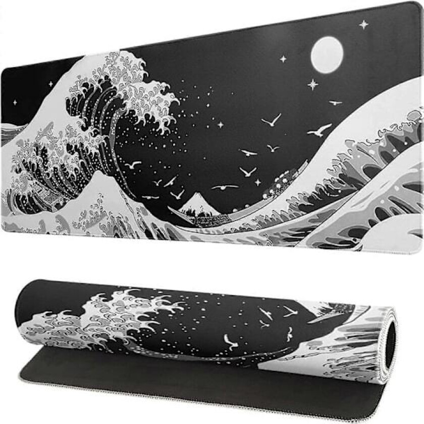 Japansk Svart Havsbølge Musematte Abstrakt Svart Gaming Musematte 31,5x11,8 cm (Tegneserie Havsbølge)