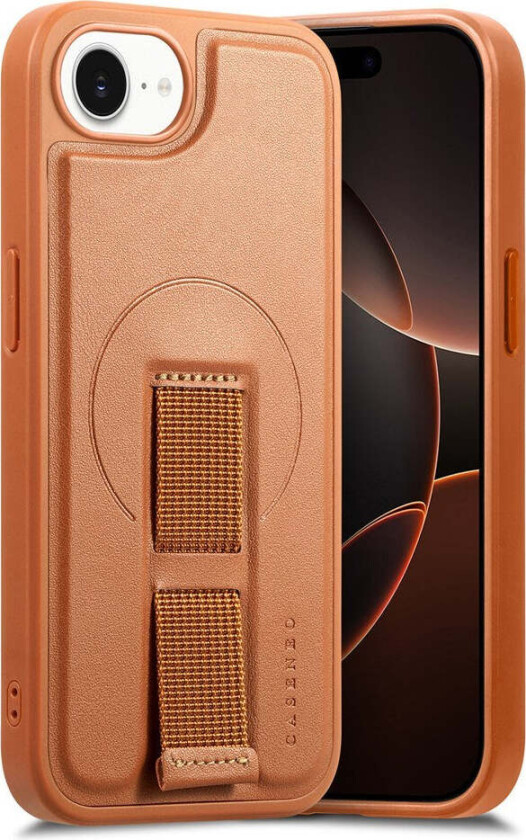 iPhone 16e Hard Plast Deksel m. Kunstskinn Bakside & Fingerrem - MagSafe Kompatibel - Brun