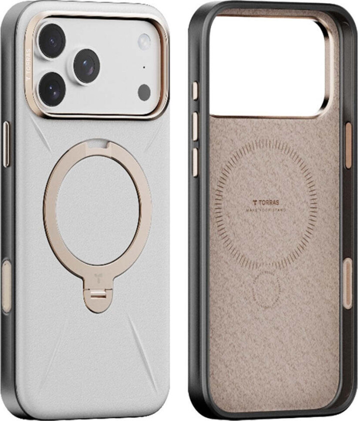 TORRAS iPhone 17 Pro Max Ostand Spin Kunstskinn Deksel m. Roterende Kickstand - MagSafe Kompatibel - Hvit