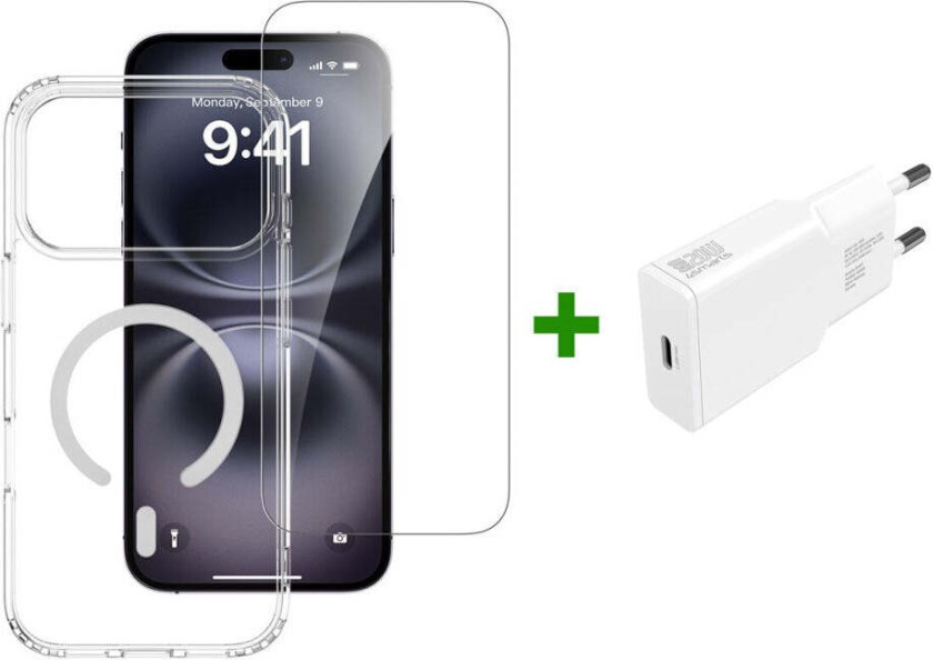 iPhone 17 Pro Max 4Smarts 3-i-1 Premium Starter Set - MagSafe Deksel, Skjermbeskyttelse & 20W Vegglader - Gjennomsiktig / Hvit