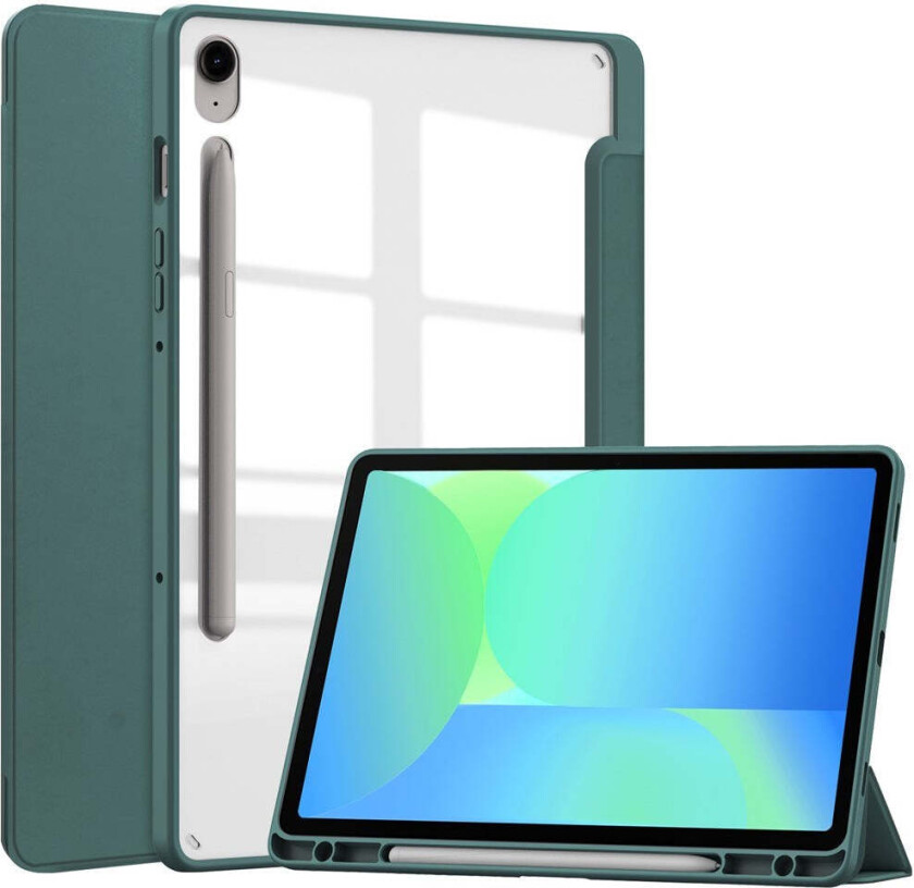 Samsung Galaxy Tab S10 Lite / S10 FE / S9 FE Flip Deksel - Stativfunksjon & Styluspennholder - Gjennomsiktig / Mørkegrønn