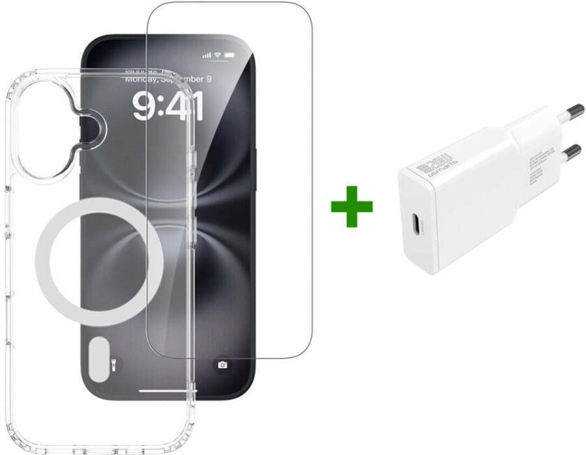 iPhone 17 4Smarts 3-i-1 Premium Starter Set - MagSafe Deksel, Skjermbeskyttelse & 20W Vegglader - Gjennomsiktig / Hvit