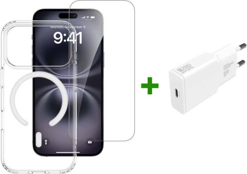 iPhone 17 Pro 4Smarts 3-i-1 Premium Starter Set - MagSafe Deksel, Skjermbeskyttelse & 20W Vegglader - Gjennomsiktig / Hvit