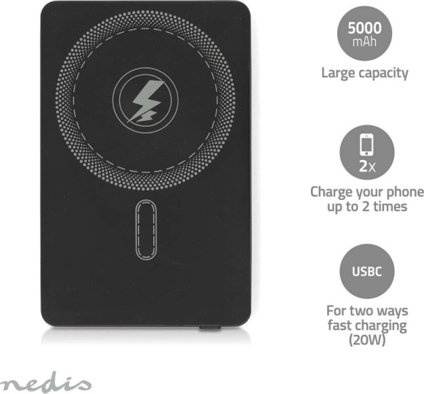 Magnetisk trådløs Powerbank, 5000mAh, USB-C, 20W PD