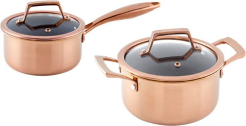 Sæt - Kasserolle 1,5 L & Gryde 2,2 L Med Låg Og Hybridbelægning - Rose Gold
