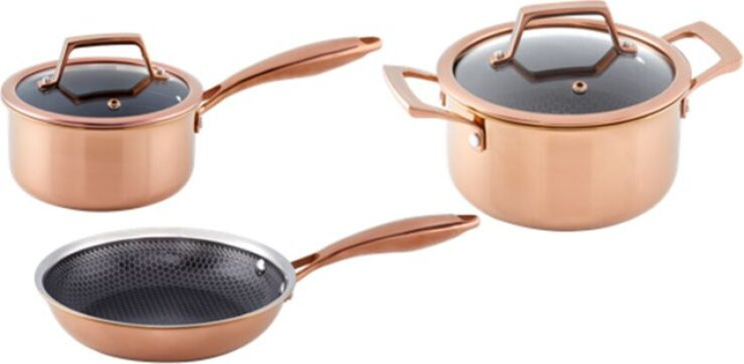 Sæt - Kasserolle 1,5 L, Gryde 2,2 L & Stegepande 28 Cm Med Hybridbelægning - Rose Gold