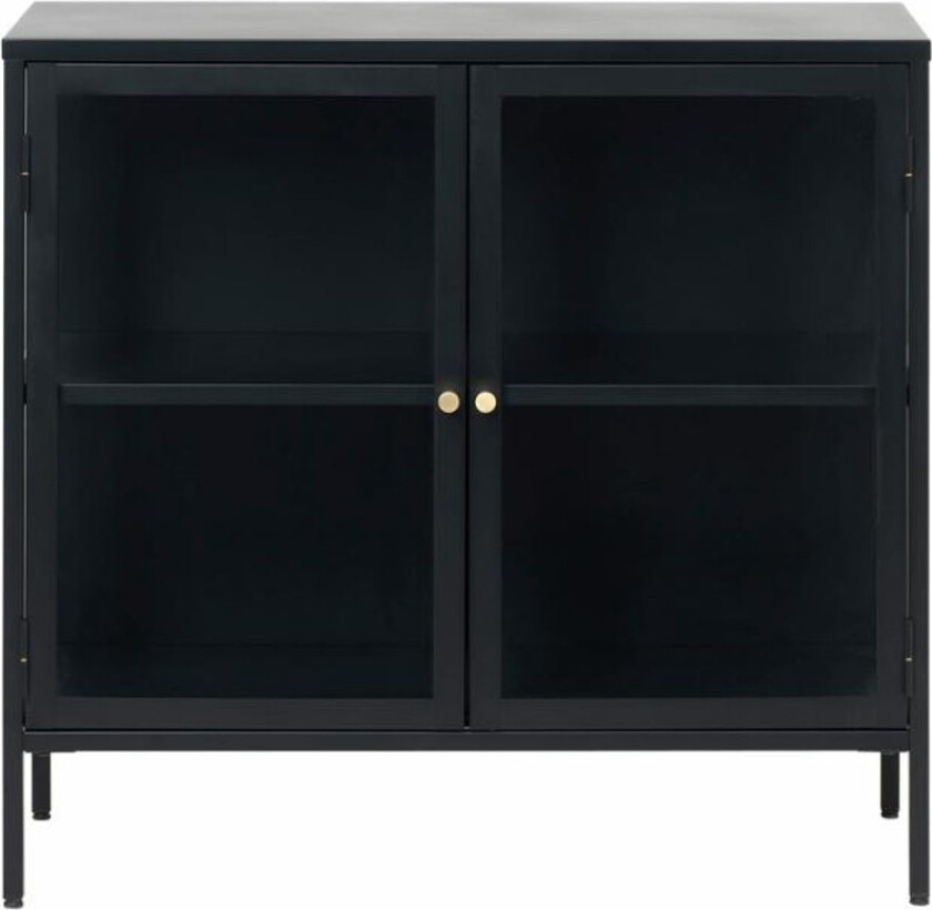 Skjenk i plysj, m. 2 dører og 1 hylle - glass og sort metall