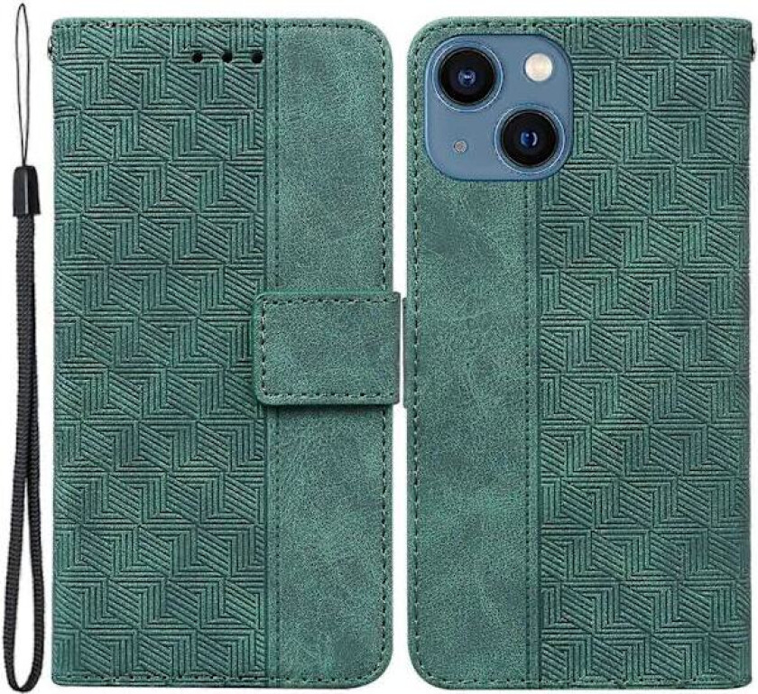 For iPhone 15 Plus Geometripreget PU-Lær Lommebok Stativ Mobiltelefondeksel