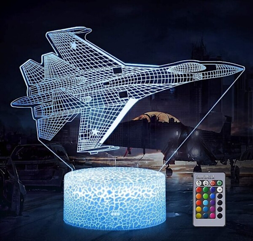 3D Fly Nattlampe, Jagerfly 3D LED Illusjonslampe 16 Farger Endres Med Fjernkontroll & Berøringskontroll Batteridrevet Dimbar Skrivebordslampe