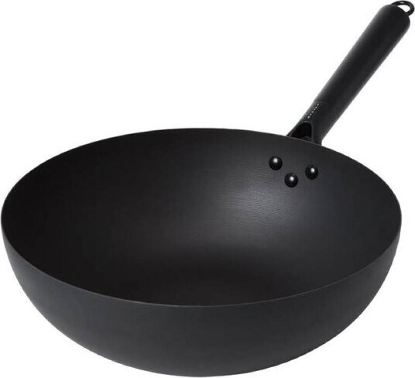 Wokpanne karbonstål med trehåndtak 32 cm svart