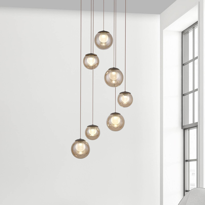 PURE LED-hengelampe Popup, bronse/rav Ø 40 cm, 7 lyskilder