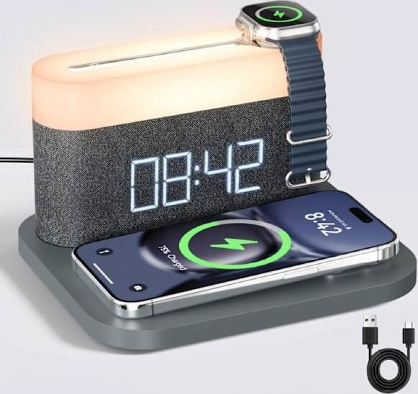 /EA/ Vekkerklokke med multifunksjonell mobiltelefonklokke trådløs lading 15W Max Touch Sengelampe, 3 farger nattlampe, søvntimer for grå S26W