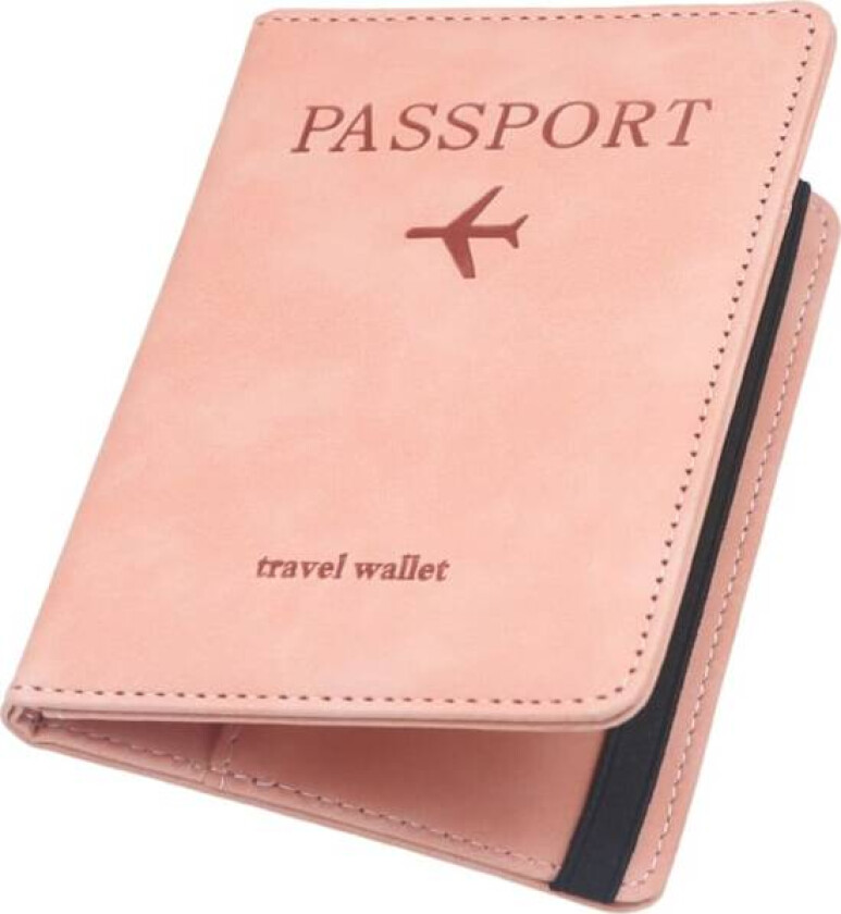 Passholder i PU-lær med RFID-blokkering, passomslag, reisemappe med kortspor og elastisk stropp, passomslag (rosa)