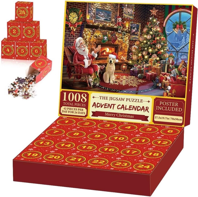 Super julemotiv adventskalender 2025, julenissen med hund 1008 puslespillbrikker, julekalenderpuslespill