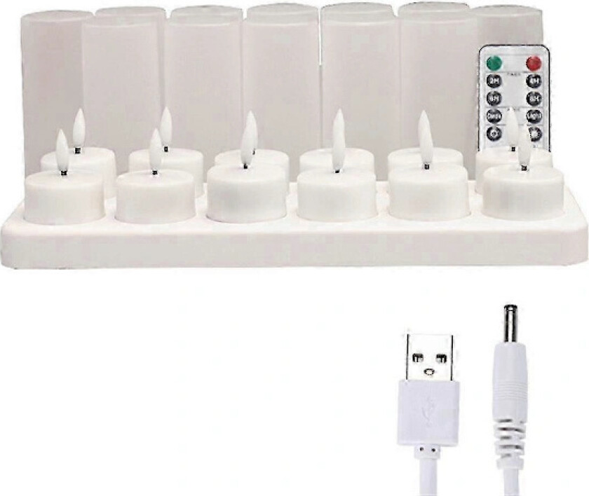 Varma flammeløse lys med fjernkontroll, timer og ladestasjon, 12 stk USB-oppladbare LED-telys
