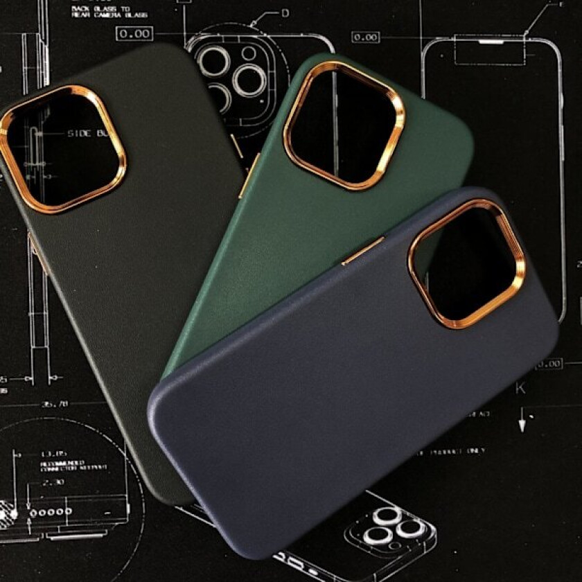 iPhone 13 klassisk deksel i vegansk skinn gullramme og gullknapper