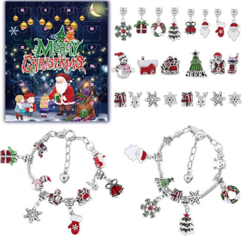 Julekalenderarmbånd 2025 - 24 Dagers Nedtelling DIY-sett med 22 Smykker & 2 Armbånd, Gaveeske Inkludert