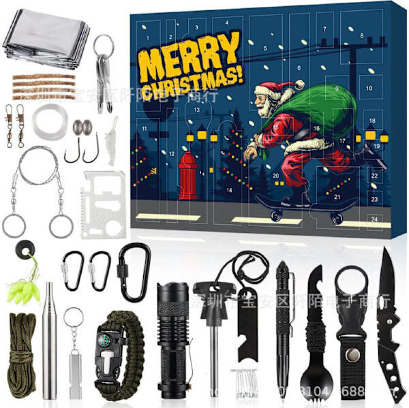 2025 Ny Overlevelsespakke Adventskalender Utendørs Blindboks Utendørsentusiast Jule Blindboks Verktøy Med Fallskjermline Lommelykt For Fotturer Camping