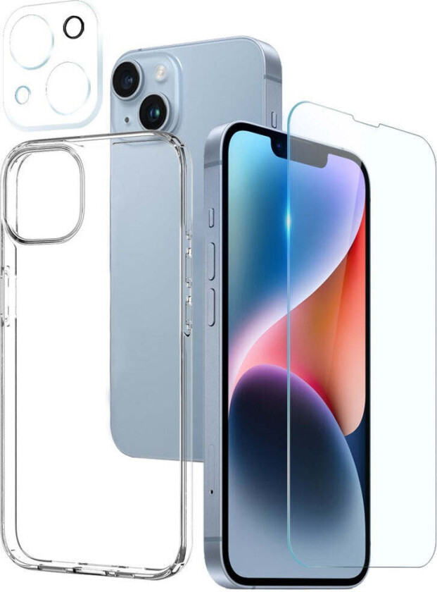 iPhone 14 | 3-i-1 360° Beskyttelsessett med Deksel | Skjermbeskytter | Kameralinsebeskytter - Gjennomsiktig