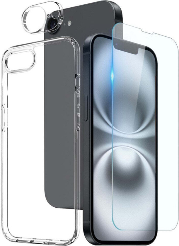 iPhone 16e | 3-i-1 360° Beskyttelsessett med Deksel | Skjermbeskytter | Kameralinsebeskytter - Gjennomsiktig