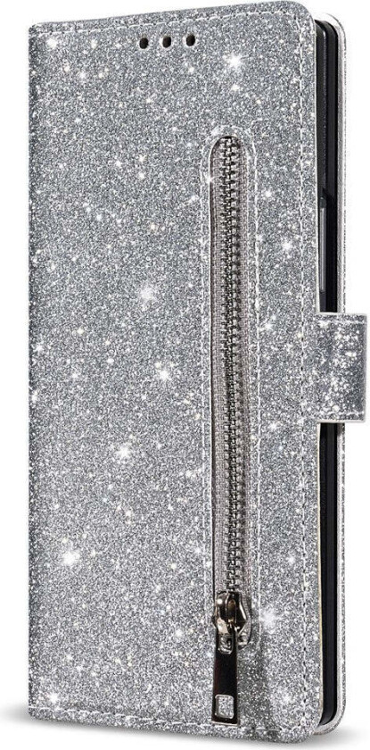 Samsung Galaxy Z Fold7 Glitter Flip Deksel m. Lommebok & Stropp - Sølv