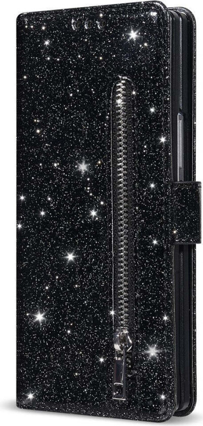 Samsung Galaxy Z Fold7 Glitter Flip Deksel m. Lommebok & Stropp - Svart