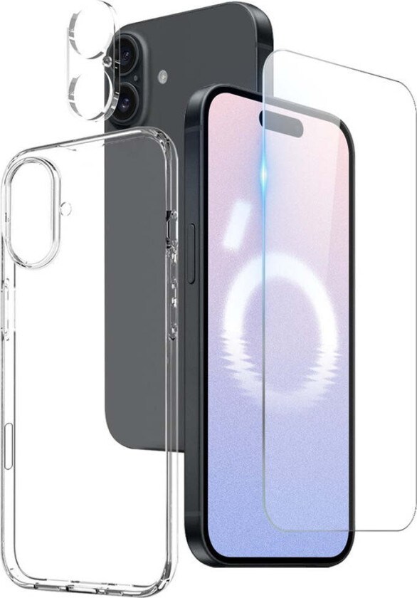 iPhone 16 Plus | 3-i-1 360° Beskyttelsessett med Deksel | Skjermbeskytter | Kameralinsebeskytter - Gjennomsiktig