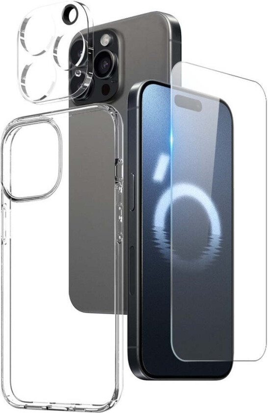 iPhone 16 Pro Max | 3-i-1 360° Beskyttelsessett med Deksel | Skjermbeskytter | Kameralinsebeskytter - Gjennomsiktig