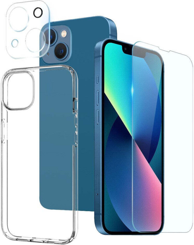 iPhone 13 Mini | 3-i-1 360° Beskyttelsessett med Deksel | Skjermbeskytter | Kameralinsebeskytter - Gjennomsiktig