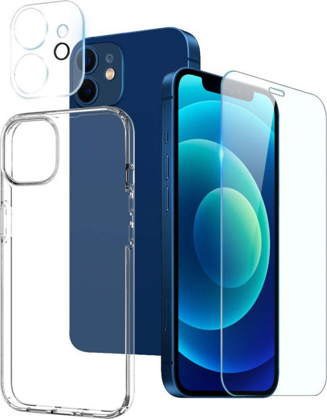 iPhone 12 | 3-i-1 360° Beskyttelsessett med Deksel | Skjermbeskytter | Kameralinsebeskytter - Gjennomsiktig