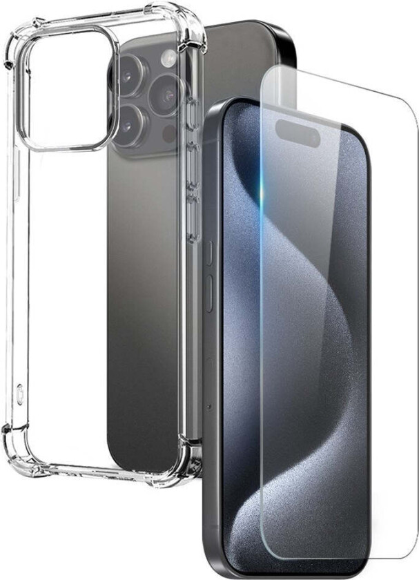 iPhone 15 Pro 2-i-1 Beskyttelsessett med Støtabsorberende Fleksibelt Plast Deksel & Herdet Skjermbeskyttelsesglass - Gjennomsiktig