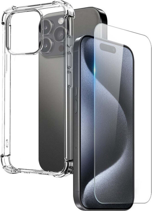 iPhone 15 Pro Max 2-i-1 Beskyttelsessett med Støtabsorberende Fleksibelt Plast Deksel & Herdet Skjermbeskyttelsesglass - Gjennomsiktig