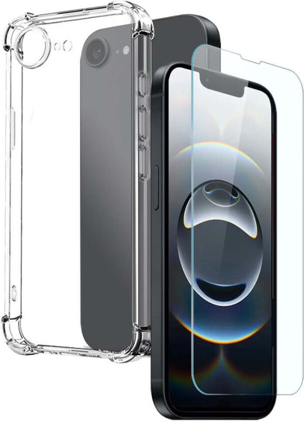 iPhone 16e 2-i-1 Beskyttelsessett med Støtabsorberende Fleksibelt Plast Deksel & Herdet Skjermbeskyttelsesglass - Gjennomsiktig