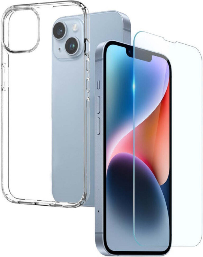 iPhone 14 Beskyttelsessett med Fleksibelt Mobildeksel i Plast med Herdet Glassbeskytter - Gjennomsiktig