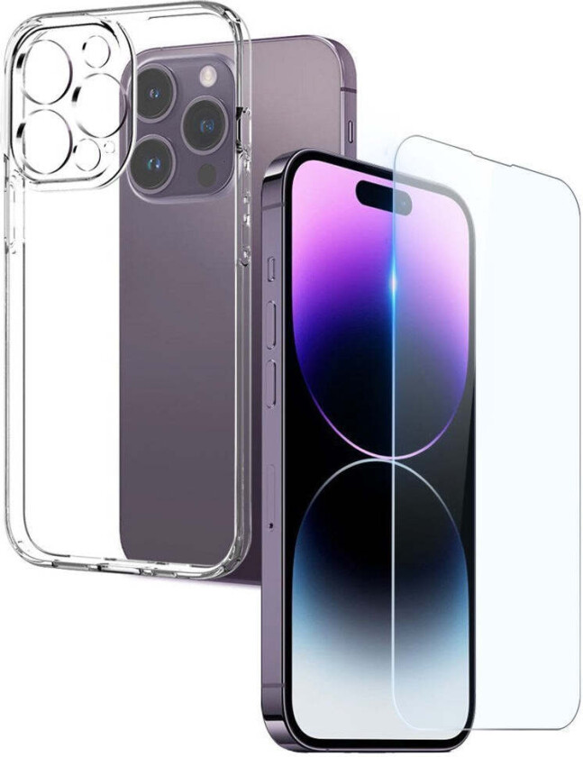 iPhone 14 Pro 2-i-1 Sett Fleksibelt Plast Deksel med Herdet Beskyttelsesglass - Gjennomsiktig