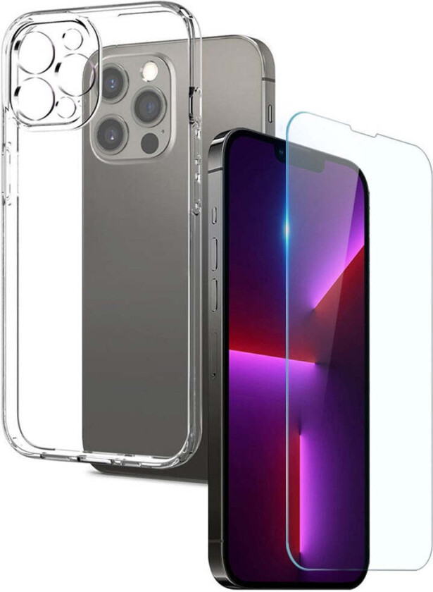 iPhone 13 Pro 2-i-1 Sett Fleksibelt Plast Deksel med Herdet Beskyttelsesglass - Gjennomsiktig