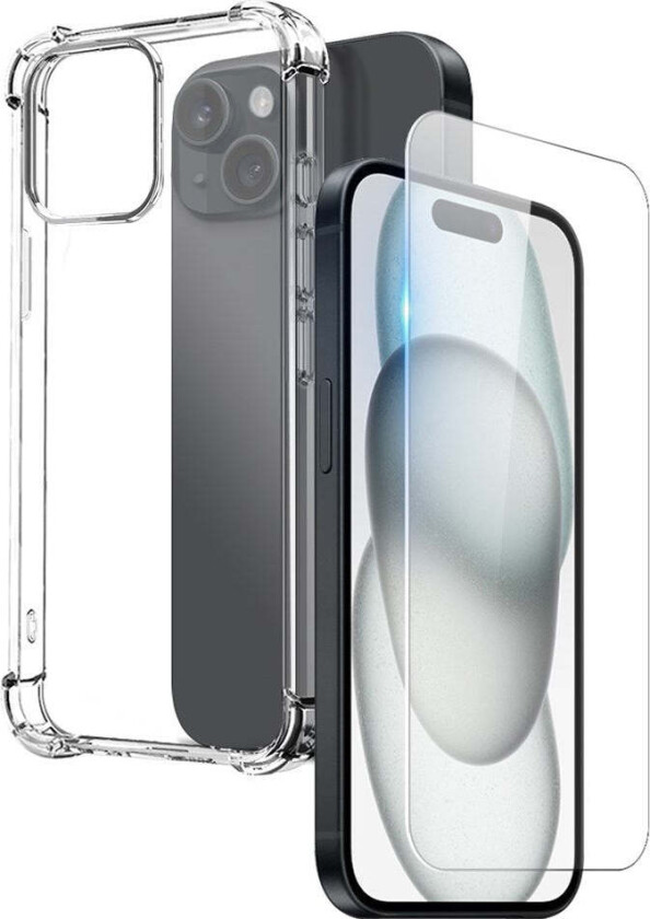 iPhone 15 2-i-1 Beskyttelsessett med Støtabsorberende Fleksibelt Plast Deksel & Herdet Skjermbeskyttelsesglass - Gjennomsiktig