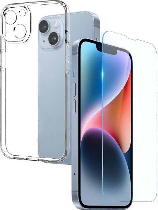 iPhone 14 2-i-1 Sett Fleksibelt Plast Deksel med Herdet Beskyttelsesglass - Gjennomsiktig