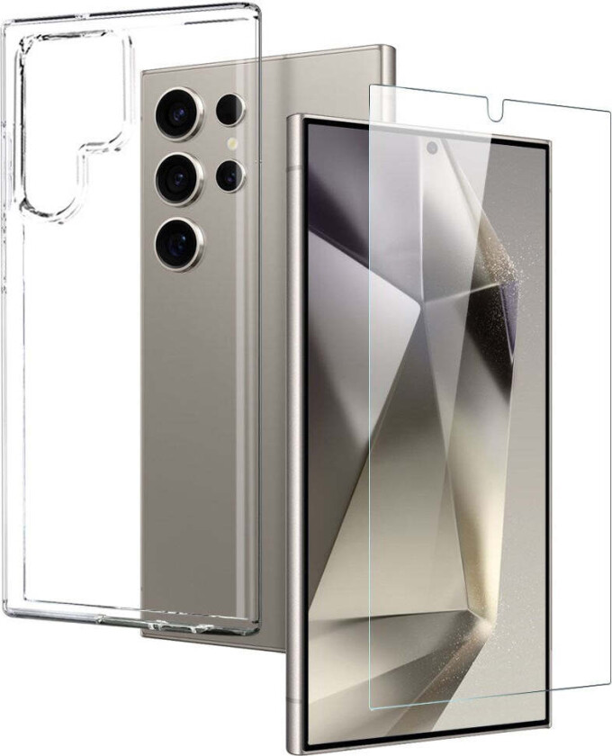 Samsung Galaxy S24 Ultra 2-i-1 Sett Fleksibelt Plast Deksel med Herdet Beskyttelsesglass - Gjennomsiktig