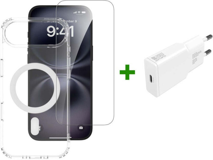 iPhone Air 4Smarts 3-i-1 Premium Starter Set - MagSafe Deksel, Skjermbeskyttelse & 20W Vegglader - Gjennomsiktig / Hvit