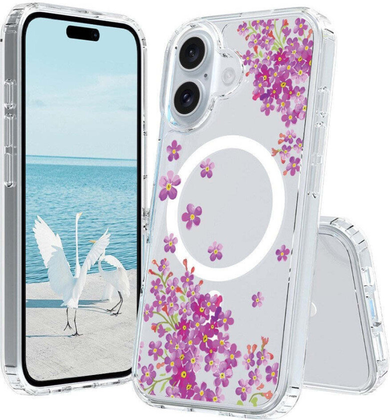 iPhone 16 Hybrid Plast Deksel - MagSafe Kompatibel - Lilla Blomster