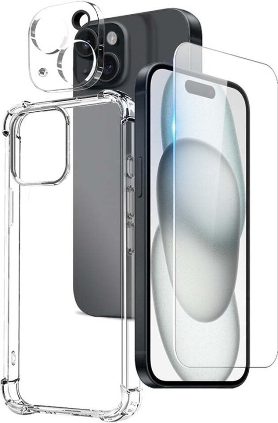 iPhone 15 3-i-1 Beskyttelsessett med Støtdempende Fleksibelt Plast Deksel & Skjermbeskytter i Herdet Glass & Kameralinseglass - Gjennomsiktig