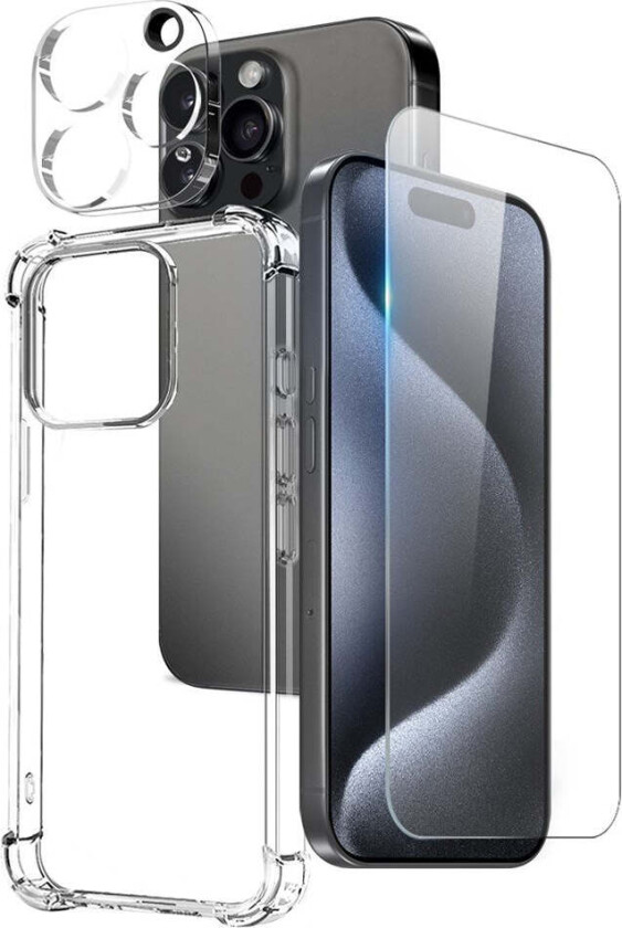 iPhone 15 Pro 3-i-1 Beskyttelsessett med Støtdempende Fleksibelt Plast Deksel & Skjermbeskytter i Herdet Glass & Kameralinseglass - Gjennomsiktig