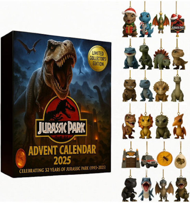Jurassic Park julekalender Blind Box akryl juletrepynt, Jurassic Park julegave