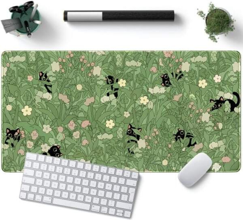 Grønn Skrivebordsmatte XL Søt Katt Kul Skrivebordsmatte Tastaturmatte Kawaii Svart Katt Blomst Musematte Grønn Skrivebordsmatte Skrivebordsdekor med Sømmer 80x40 cm