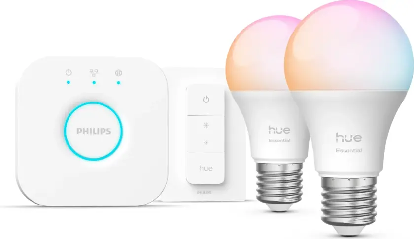 Hue White and color ambiance Essential starter kit: 2 stk. E27-lyspærer (806 lm) + dimmer