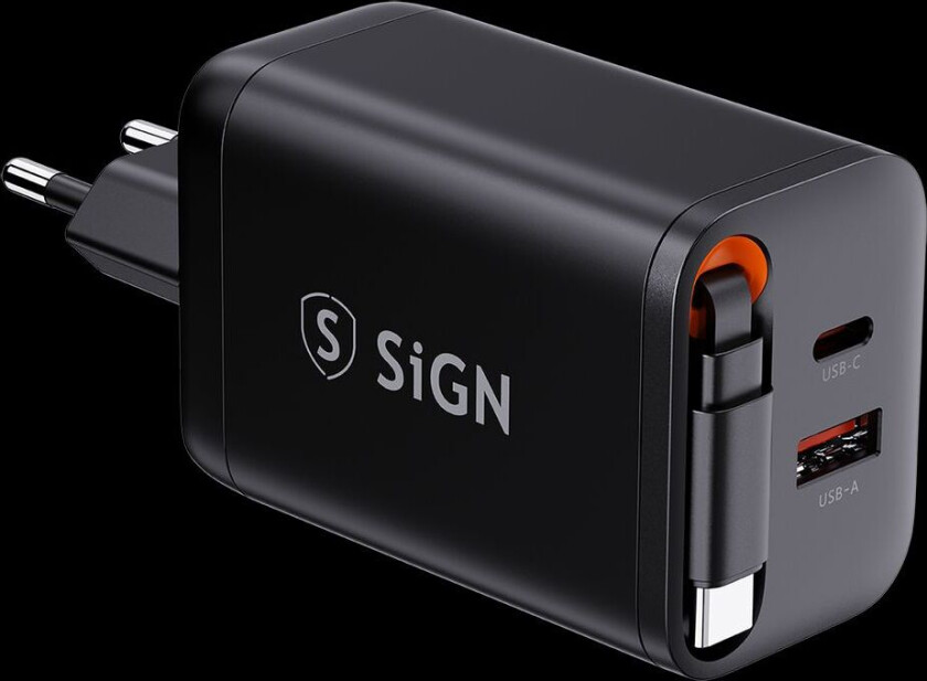 GaN hurtiglader USB-C/USB-A 65W med forlengbar USB-C-kabel - Svart