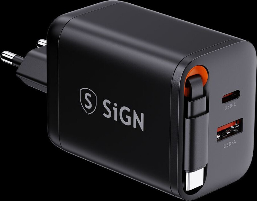 GaN hurtiglader USB-C/USB-A 40W med forlengbar USB-C-kabel - Svart